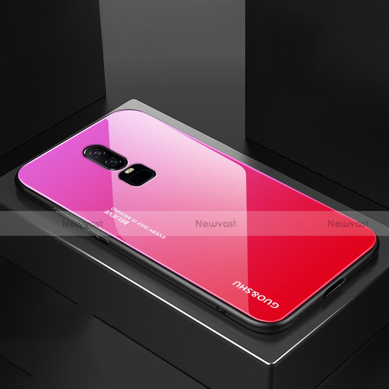Silicone Frame Mirror Rainbow Gradient Case Cover for OnePlus 6 Hot Pink
