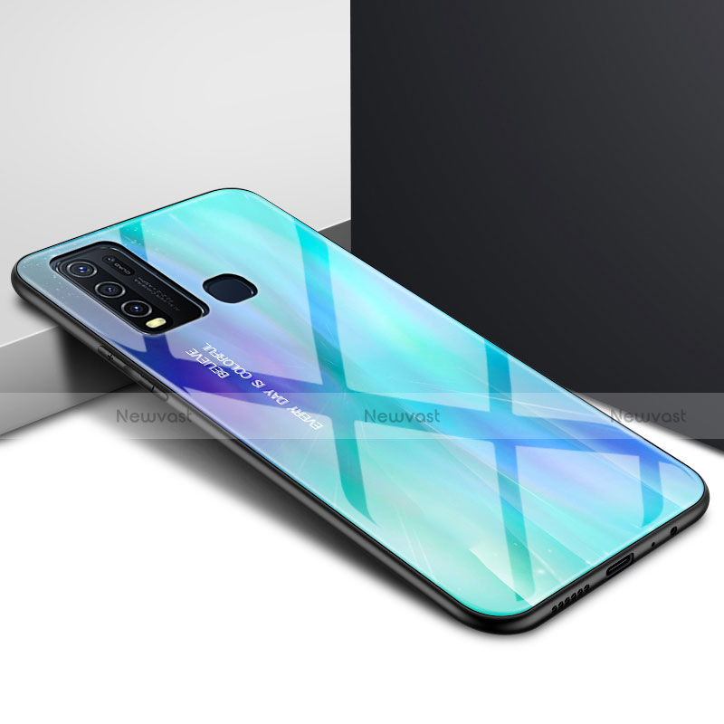 Silicone Frame Mirror Rainbow Gradient Case Cover for Vivo Y50 Cyan