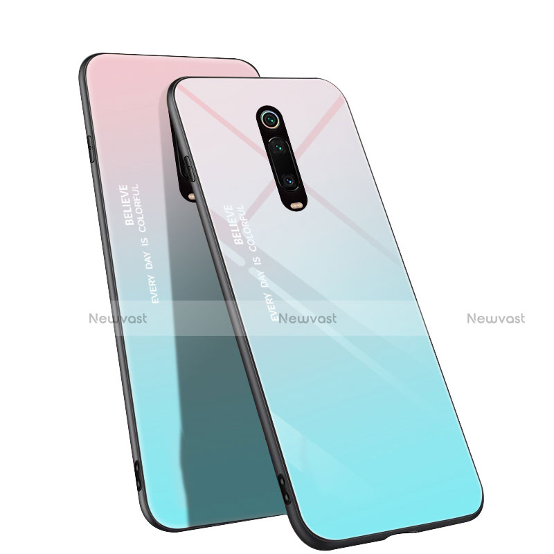 Silicone Frame Mirror Rainbow Gradient Case Cover H01 for Xiaomi Mi 9T Cyan