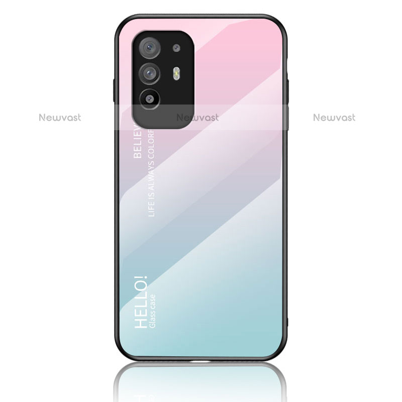 Silicone Frame Mirror Rainbow Gradient Case Cover LS1 for Oppo F19 Pro+ Plus 5G Cyan