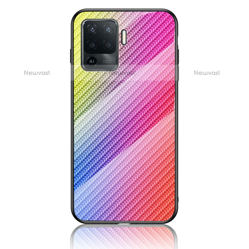 Silicone Frame Mirror Rainbow Gradient Case Cover LS2 for Oppo F19 Pro Pink