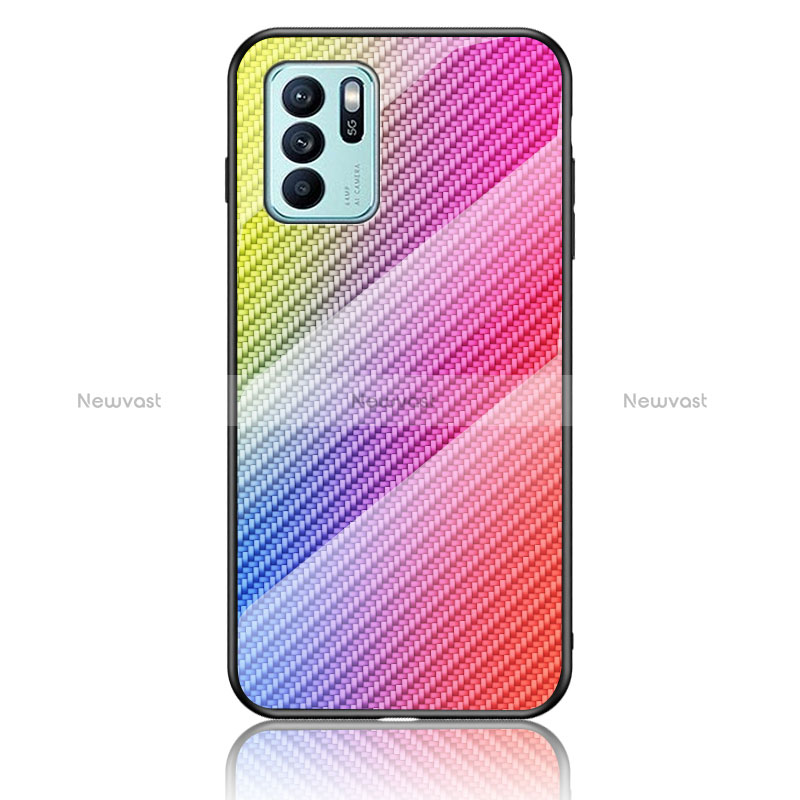 Silicone Frame Mirror Rainbow Gradient Case Cover LS2 for Oppo Reno6 Z 5G Pink