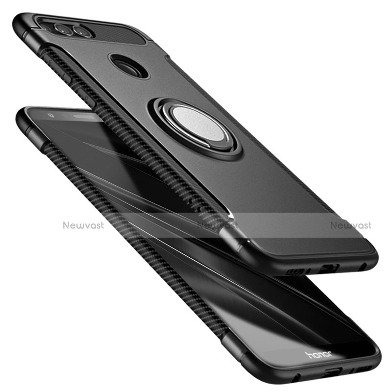 Silicone Matte Finish and Plastic Back Case with Finger Ring Stand A01 for Huawei Honor 7X Black