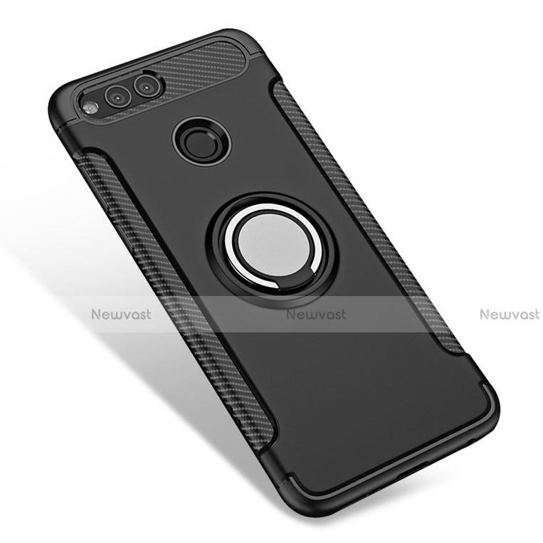 Silicone Matte Finish and Plastic Back Case with Finger Ring Stand A01 for Huawei Honor 7X Black