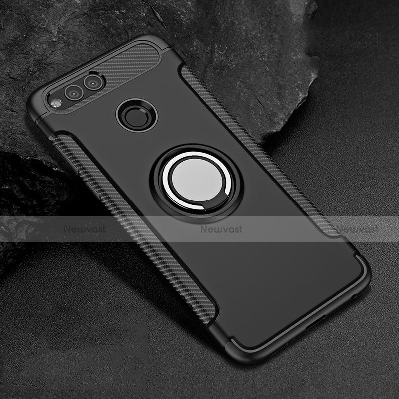 Silicone Matte Finish and Plastic Back Case with Finger Ring Stand A01 for Huawei Honor 7X Black