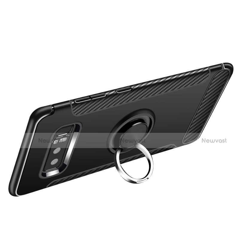 Silicone Matte Finish and Plastic Back Case with Finger Ring Stand A01 for Samsung Galaxy Note 8 Duos N950F Black