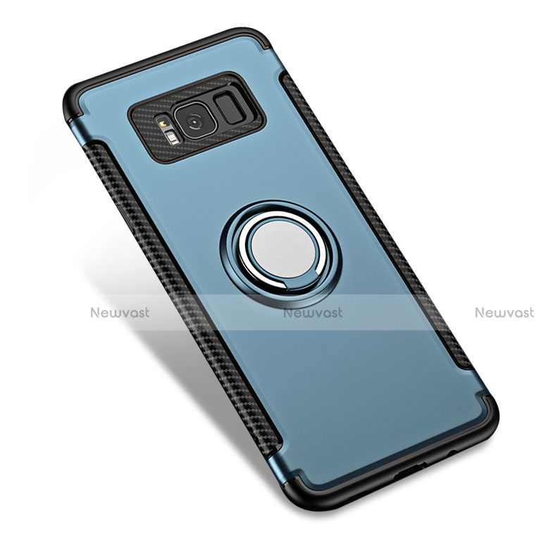 Silicone Matte Finish and Plastic Back Case with Finger Ring Stand A01 for Samsung Galaxy S8 Plus Blue