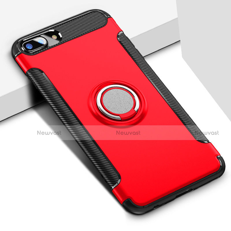 Silicone Matte Finish and Plastic Back Case with Finger Ring Stand A03 for Apple iPhone 7 Plus Red