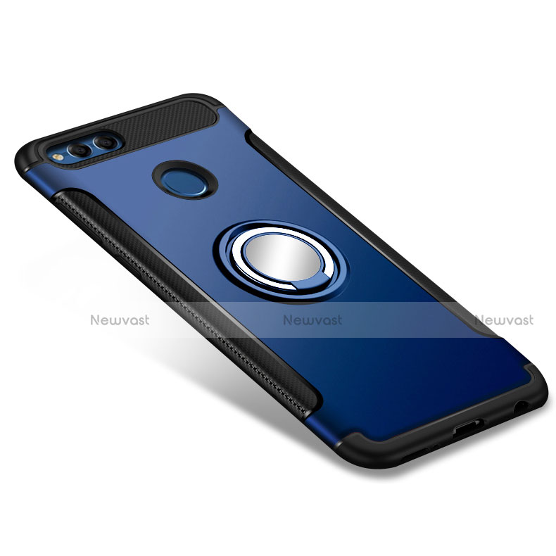 Silicone Matte Finish and Plastic Back Case with Finger Ring Stand for Huawei Honor 7X Blue