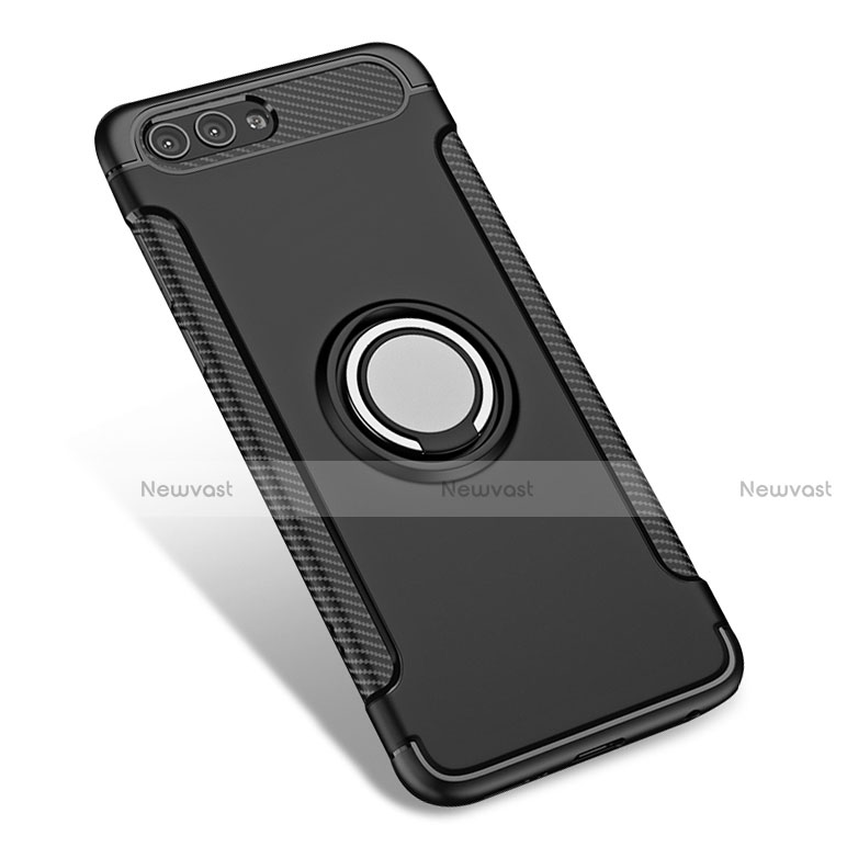 Silicone Matte Finish and Plastic Back Case with Finger Ring Stand for Huawei Honor V10 Black