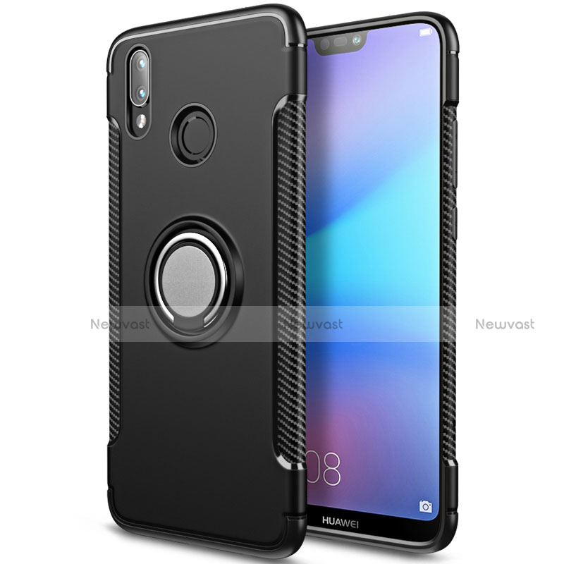 Silicone Matte Finish and Plastic Back Case with Finger Ring Stand for Huawei P20 Lite Black