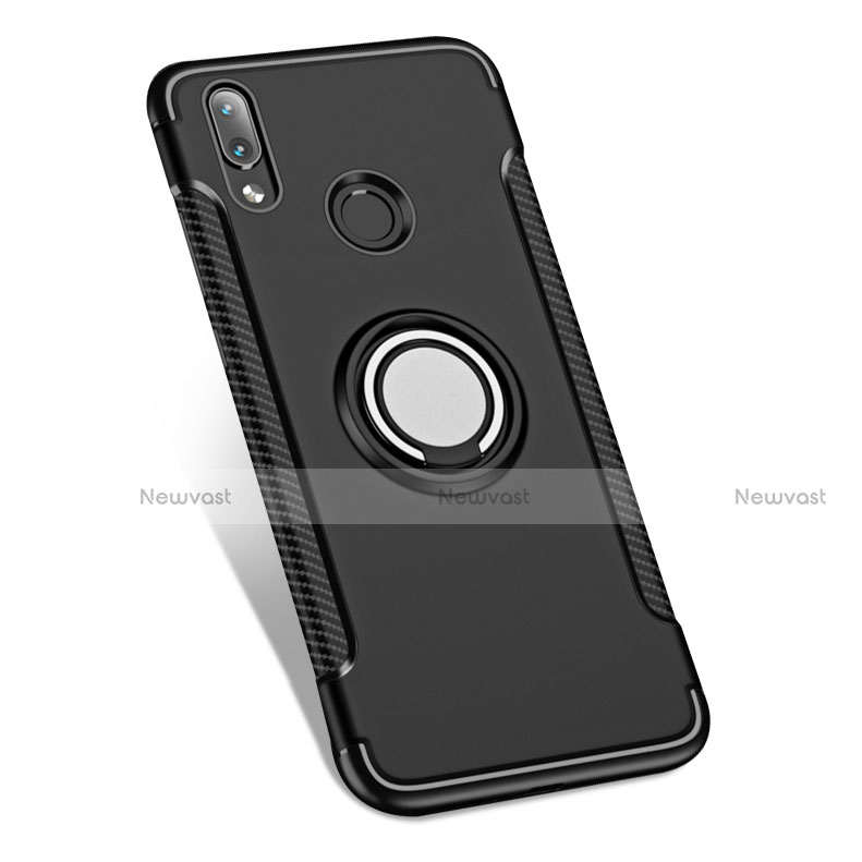 Silicone Matte Finish and Plastic Back Case with Finger Ring Stand for Huawei P20 Lite Black