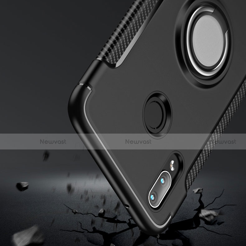 Silicone Matte Finish and Plastic Back Case with Finger Ring Stand for Huawei P20 Lite Black