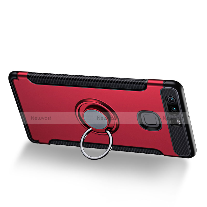 Silicone Matte Finish and Plastic Back Case with Finger Ring Stand for Huawei P9 Plus Red