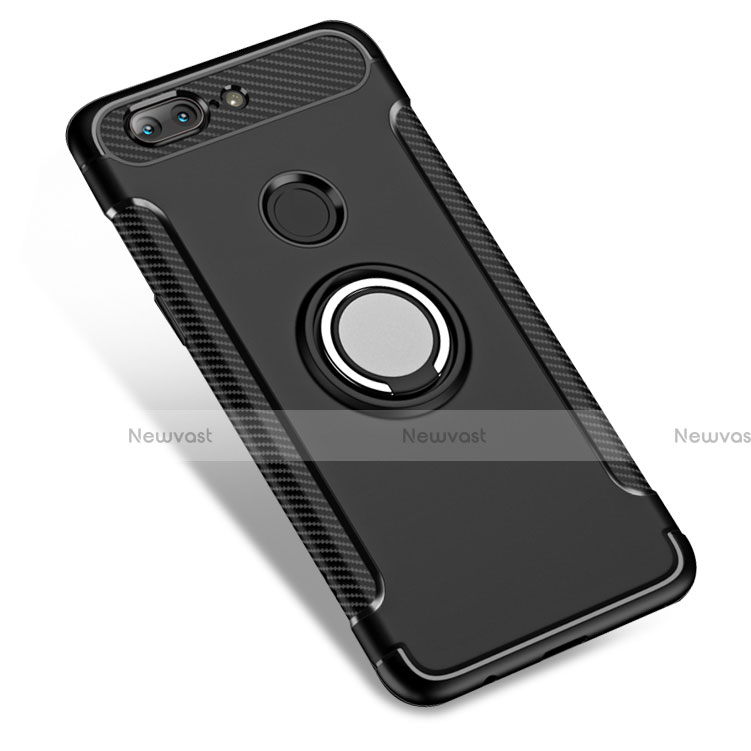 Silicone Matte Finish and Plastic Back Case with Finger Ring Stand for OnePlus 5T A5010 Black