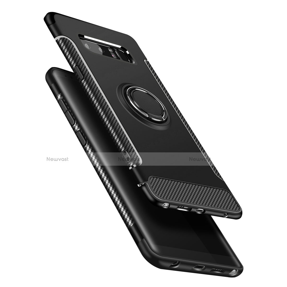 Silicone Matte Finish and Plastic Back Case with Finger Ring Stand for Samsung Galaxy Note 8 Black