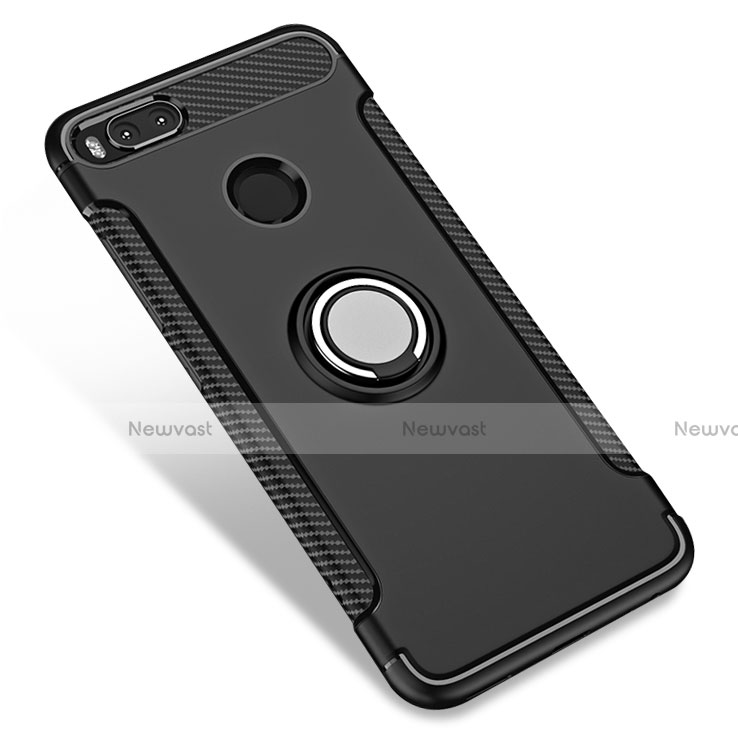 Silicone Matte Finish and Plastic Back Case with Finger Ring Stand for Xiaomi Mi 5X Black