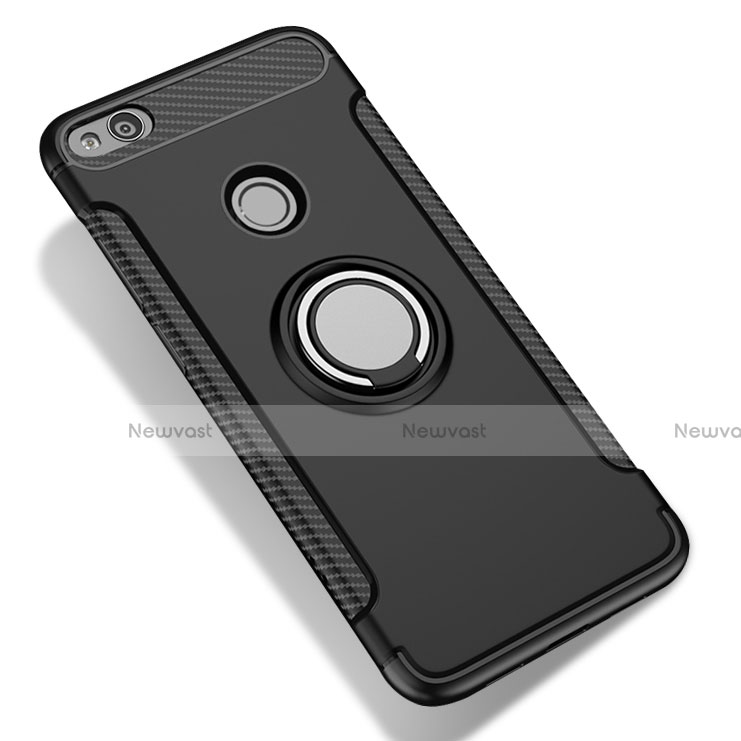 Silicone Matte Finish and Plastic Back Case with Finger Ring Stand for Xiaomi Redmi 3S Black