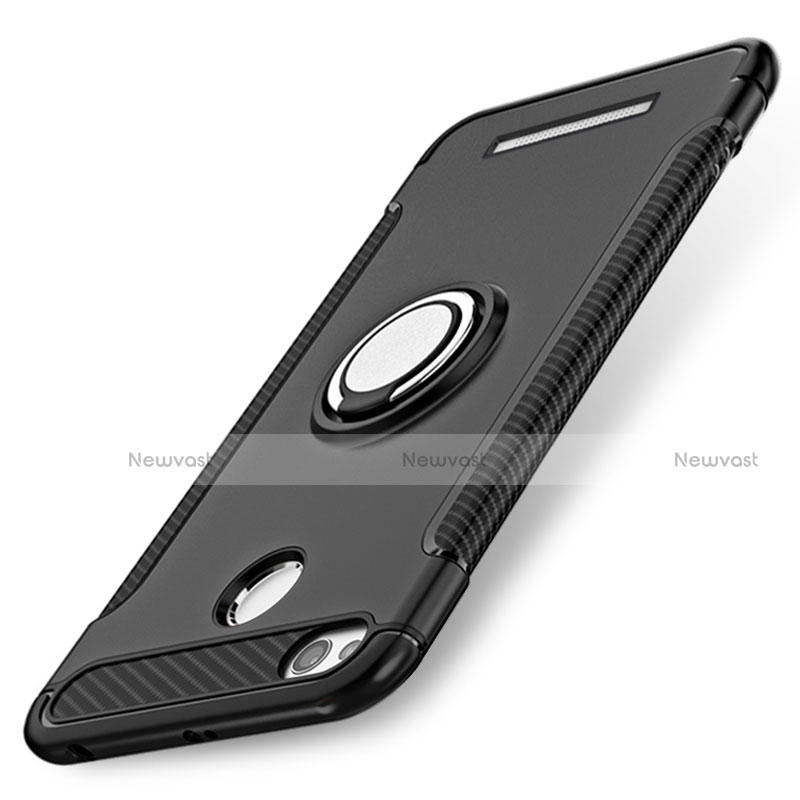 Silicone Matte Finish and Plastic Back Case with Finger Ring Stand for Xiaomi Redmi 3S Prime Black