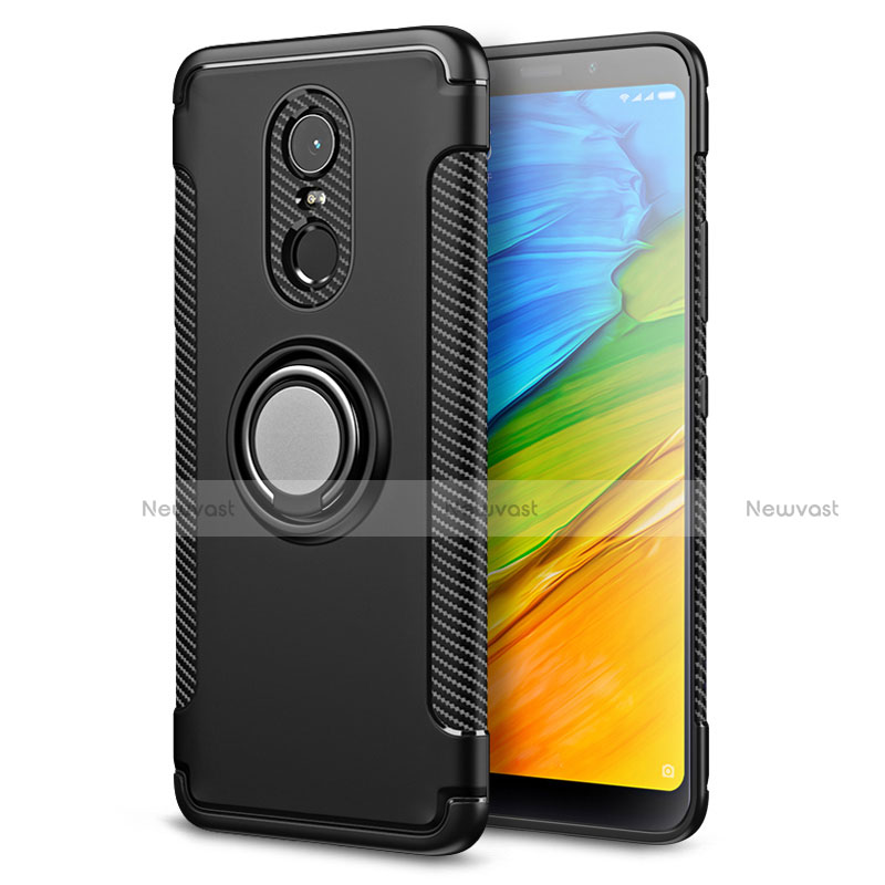 Silicone Matte Finish and Plastic Back Case with Finger Ring Stand for Xiaomi Redmi Note 5 Indian Version Black