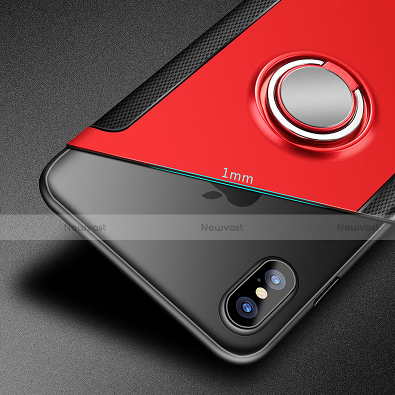 Silicone Matte Finish and Plastic Back Case with Finger Ring Stand T01 for Apple iPhone Xs Max Red