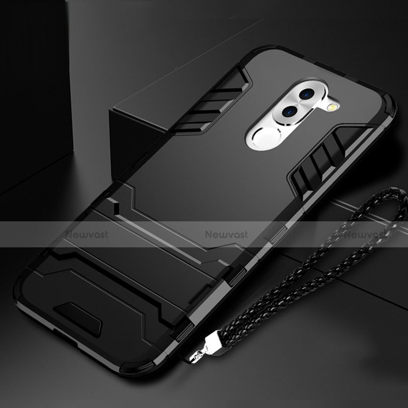 Silicone Matte Finish and Plastic Back Case with Stand for Huawei Honor 6X Pro Black