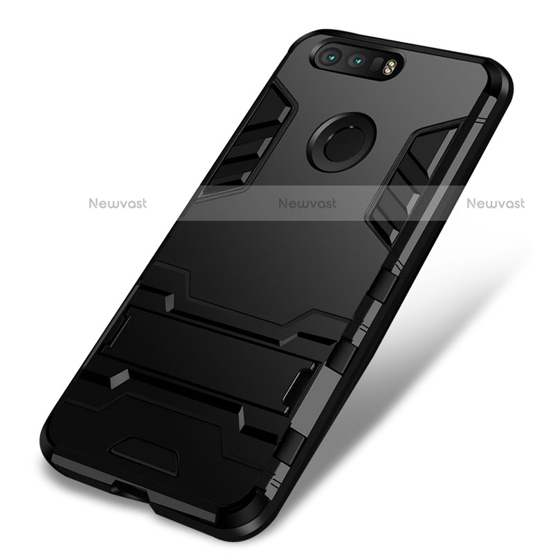 Silicone Matte Finish and Plastic Back Case with Stand for Huawei Honor 8 Black