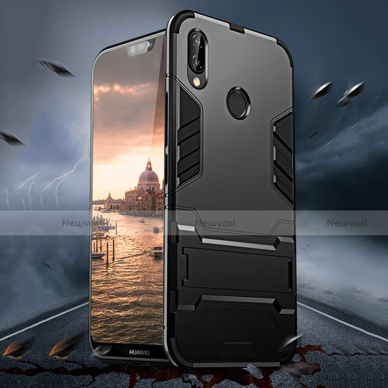 Silicone Matte Finish and Plastic Back Case with Stand R01 for Huawei P20 Lite Black