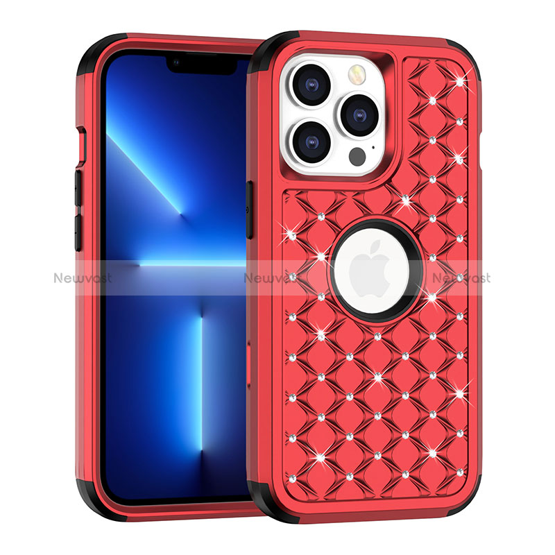 Silicone Matte Finish and Plastic Back Cover Case 360 Degrees Bling-Bling for Apple iPhone 13 Pro Max Red