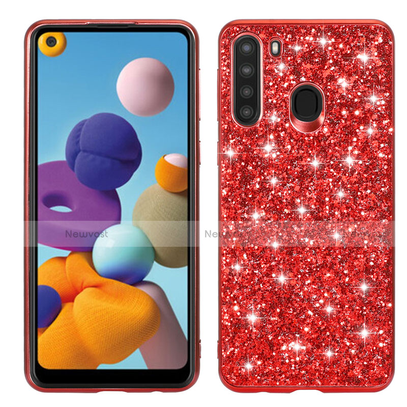 Silicone Matte Finish and Plastic Back Cover Case 360 Degrees Bling-Bling for Samsung Galaxy A21 Red