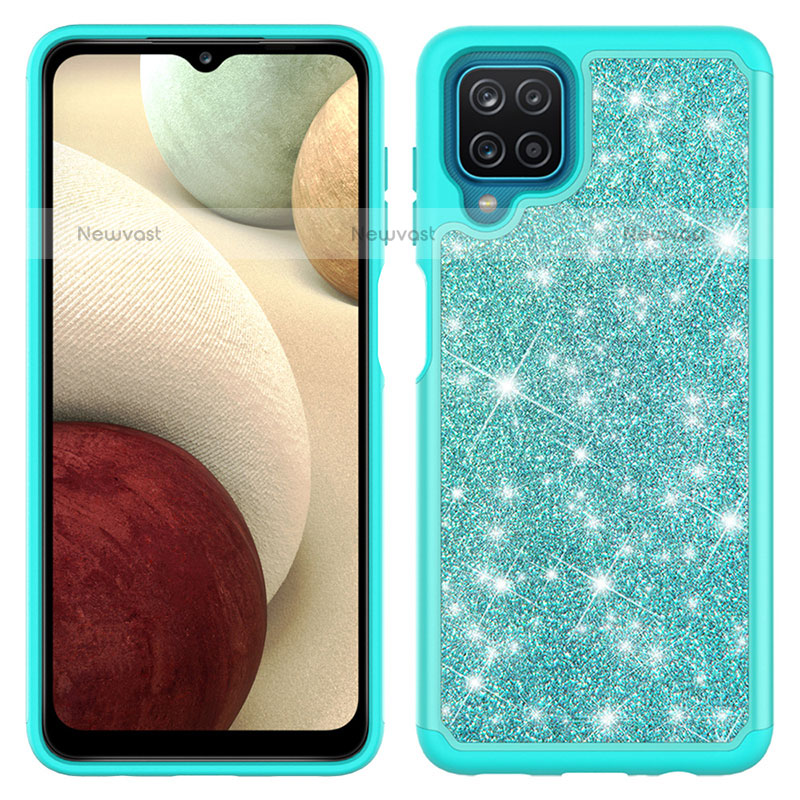 Silicone Matte Finish and Plastic Back Cover Case 360 Degrees Bling-Bling JX1 for Samsung Galaxy A12 Cyan