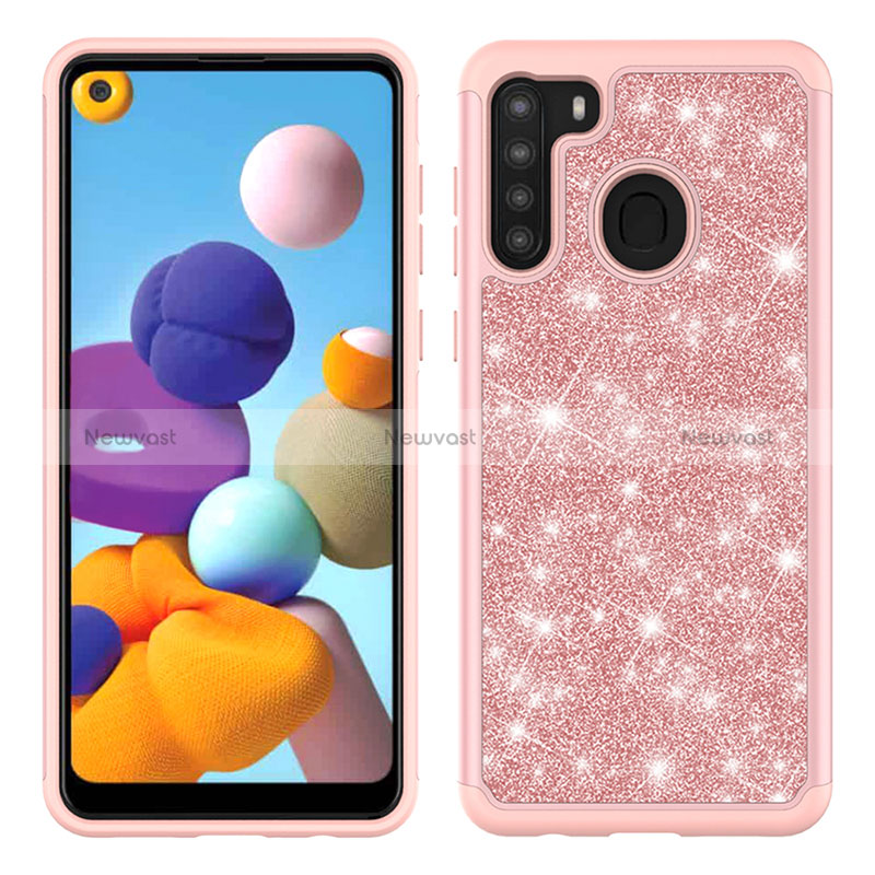 Silicone Matte Finish and Plastic Back Cover Case 360 Degrees Bling-Bling JX1 for Samsung Galaxy A21 Rose Gold