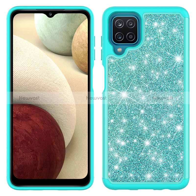 Silicone Matte Finish and Plastic Back Cover Case 360 Degrees Bling-Bling JX1 for Samsung Galaxy M12 Cyan