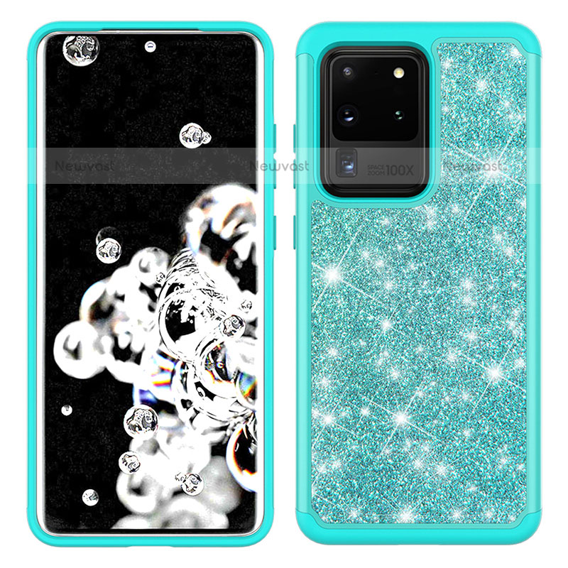 Silicone Matte Finish and Plastic Back Cover Case 360 Degrees Bling-Bling JX1 for Samsung Galaxy S20 Ultra 5G Cyan