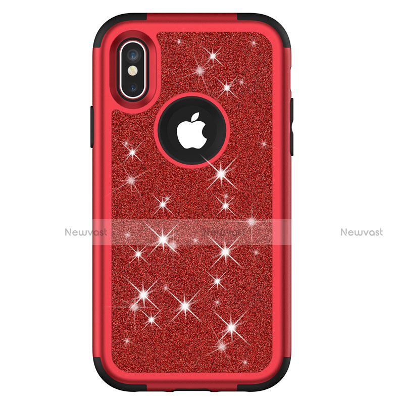 Silicone Matte Finish and Plastic Back Cover Case 360 Degrees Bling-Bling U01 for Apple iPhone Xs Red