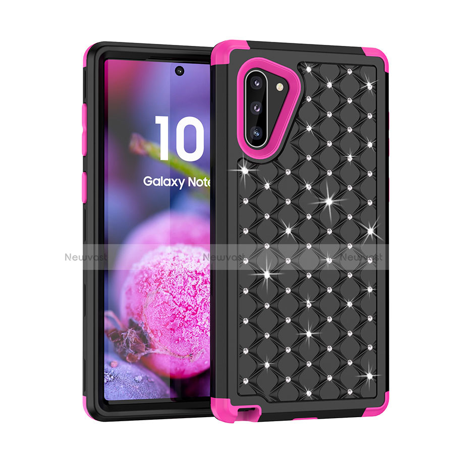 Silicone Matte Finish and Plastic Back Cover Case 360 Degrees Bling-Bling U01 for Samsung Galaxy Note 10 Hot Pink