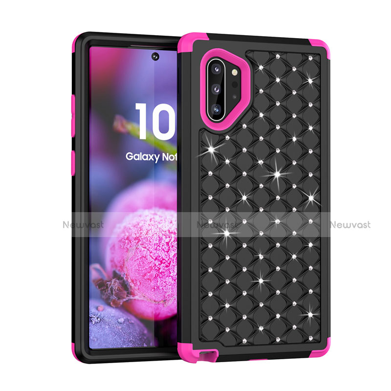 Silicone Matte Finish and Plastic Back Cover Case 360 Degrees Bling-Bling U01 for Samsung Galaxy Note 10 Plus 5G Hot Pink