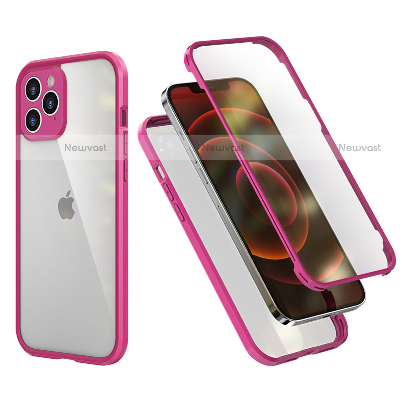 Silicone Matte Finish and Plastic Back Cover Case 360 Degrees R05 for Apple iPhone 12 Pro Hot Pink