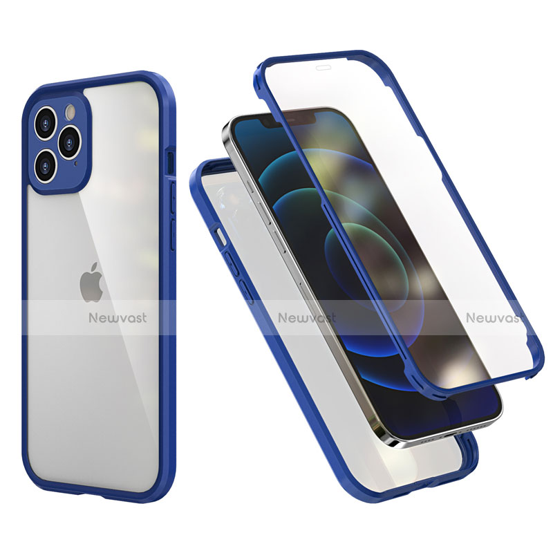 Silicone Matte Finish and Plastic Back Cover Case 360 Degrees R05 for Apple iPhone 12 Pro Max Blue