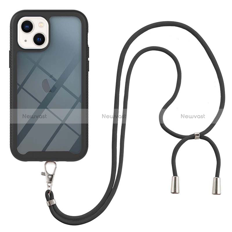 Silicone Matte Finish and Plastic Back Cover Case 360 Degrees with Lanyard Strap for Apple iPhone 13 Black