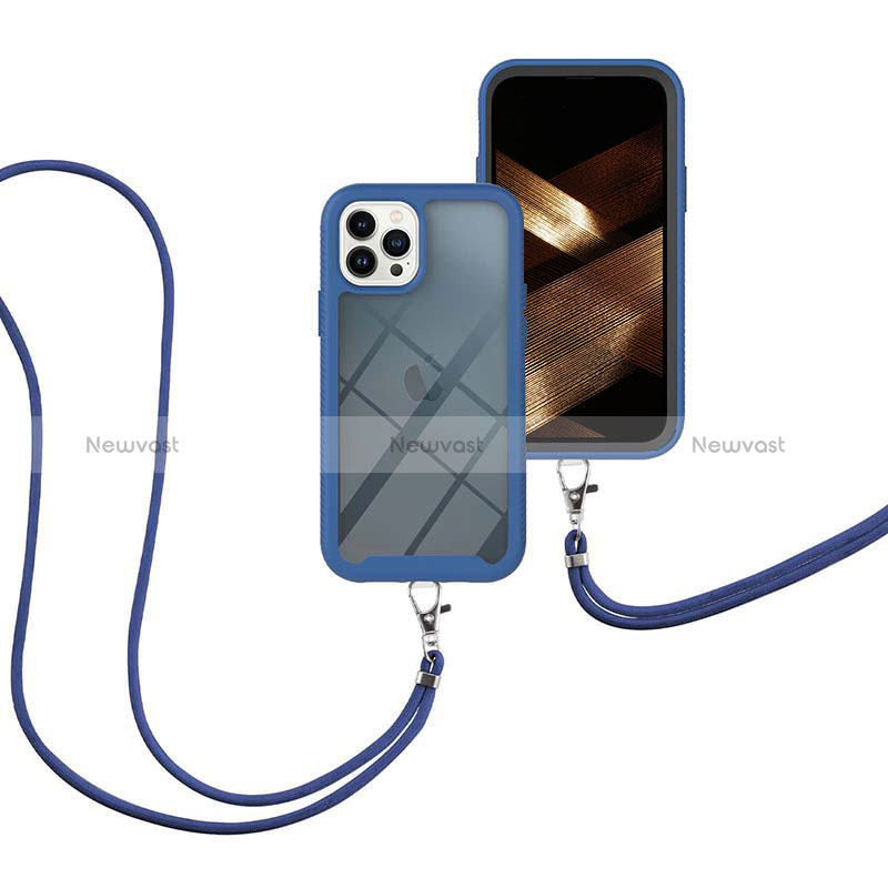 Silicone Matte Finish and Plastic Back Cover Case 360 Degrees with Lanyard Strap for Apple iPhone 13 Pro Max Blue