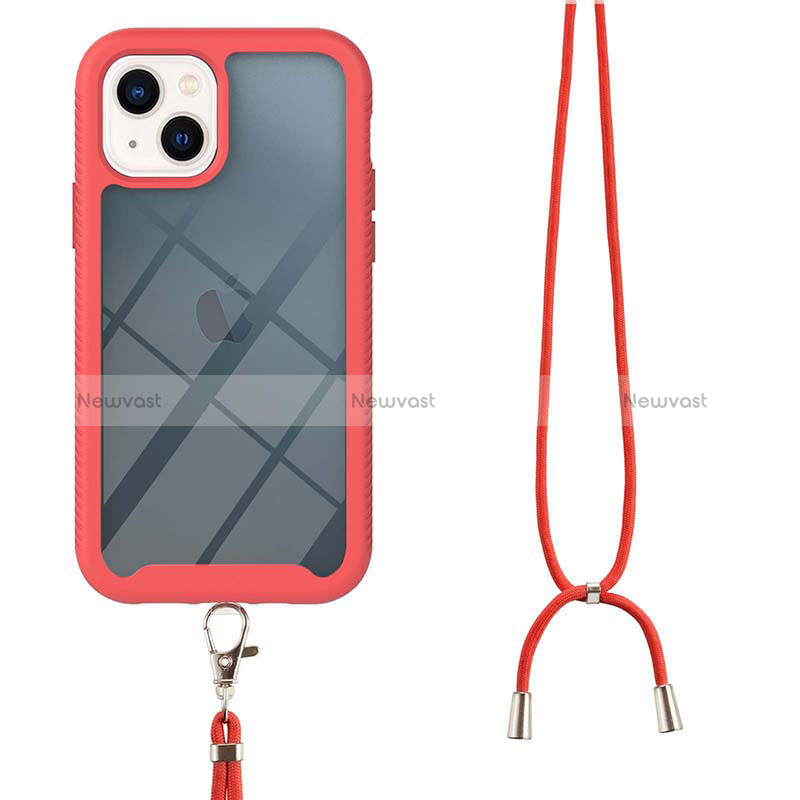 Silicone Matte Finish and Plastic Back Cover Case 360 Degrees with Lanyard Strap for Apple iPhone 14