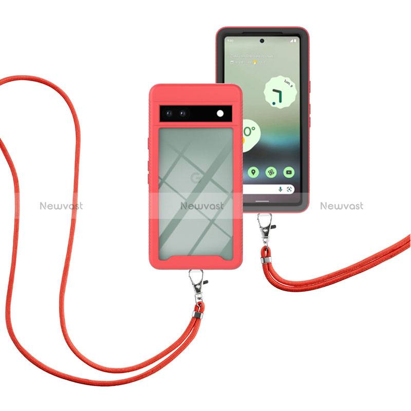 Silicone Matte Finish and Plastic Back Cover Case 360 Degrees with Lanyard Strap for Google Pixel 7a 5G Red