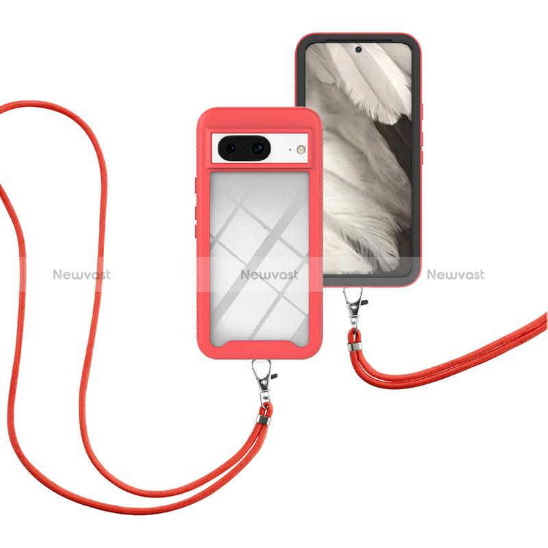 Silicone Matte Finish and Plastic Back Cover Case 360 Degrees with Lanyard Strap for Google Pixel 8 5G Red