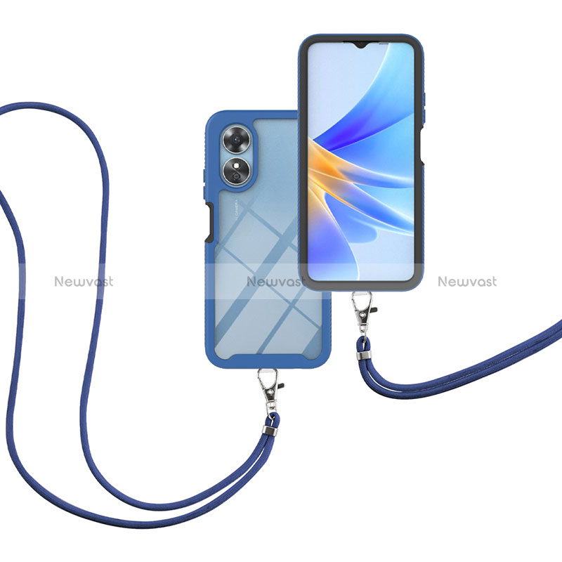 Silicone Matte Finish and Plastic Back Cover Case 360 Degrees with Lanyard Strap for Oppo A17 Blue