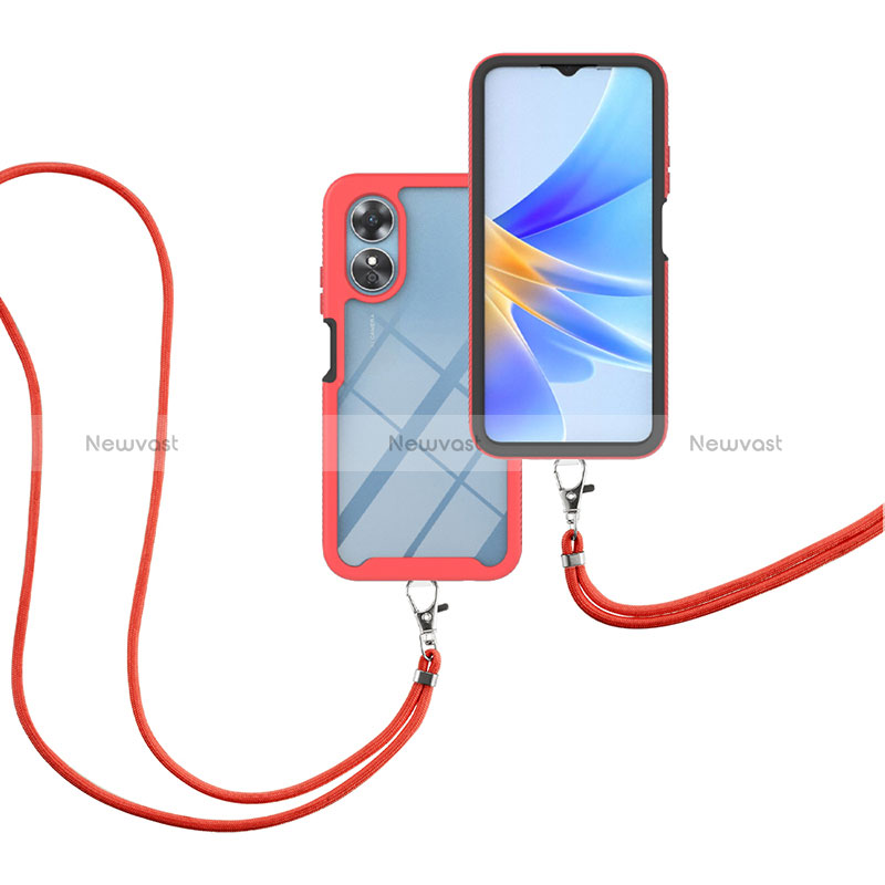 Silicone Matte Finish and Plastic Back Cover Case 360 Degrees with Lanyard Strap for Oppo A17 Red