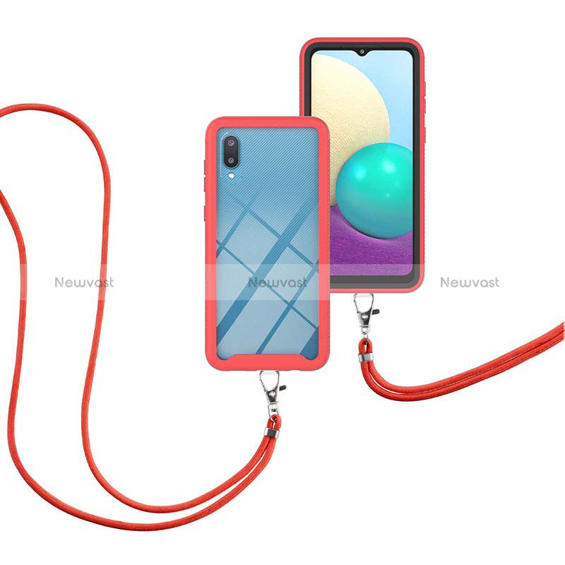 Silicone Matte Finish and Plastic Back Cover Case 360 Degrees with Lanyard Strap for Samsung Galaxy A02 Red