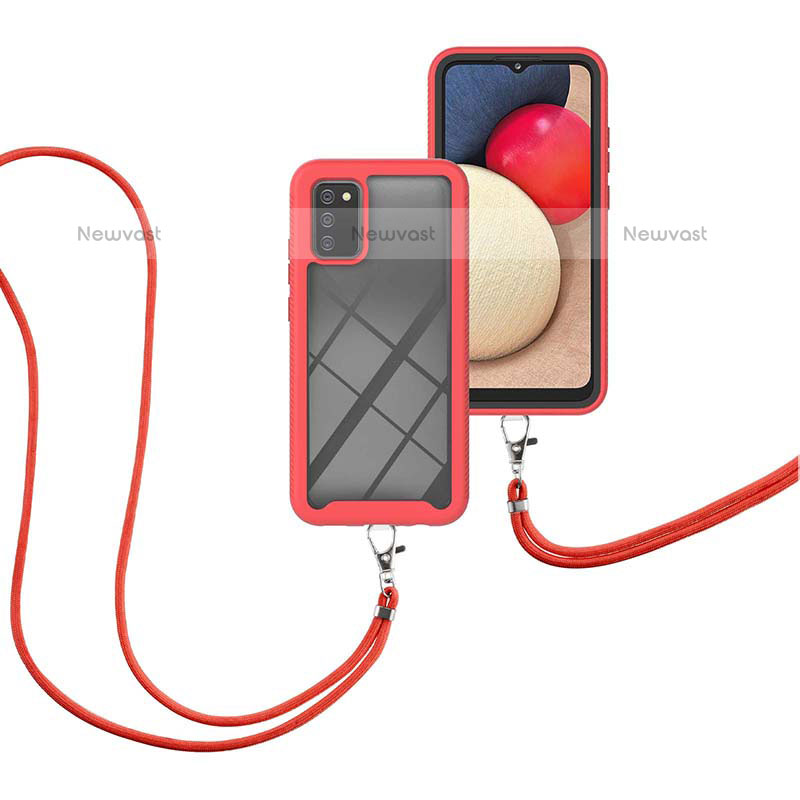 Silicone Matte Finish and Plastic Back Cover Case 360 Degrees with Lanyard Strap for Samsung Galaxy A02s Red
