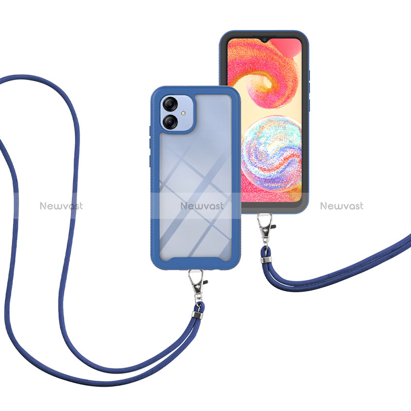 Silicone Matte Finish and Plastic Back Cover Case 360 Degrees with Lanyard Strap for Samsung Galaxy A04E Blue