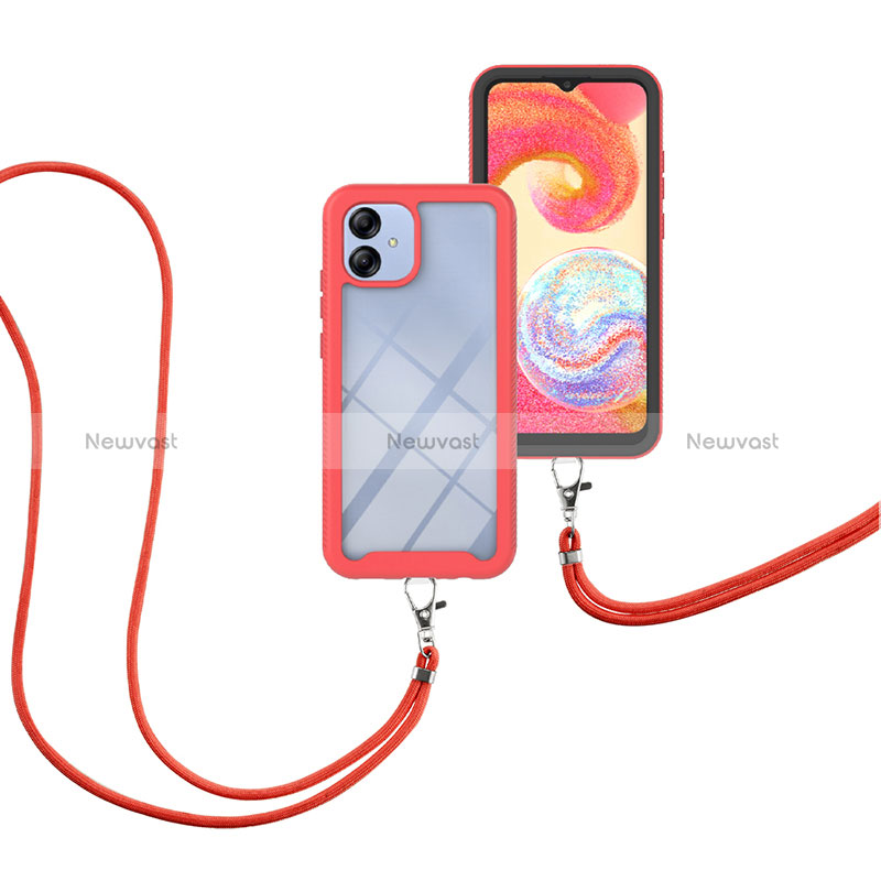 Silicone Matte Finish and Plastic Back Cover Case 360 Degrees with Lanyard Strap for Samsung Galaxy A04E Red